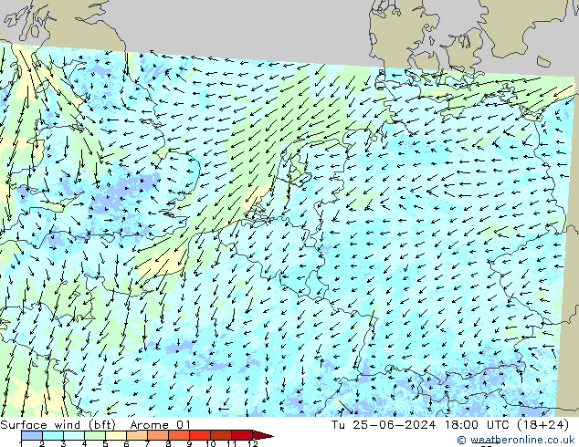 Vent 10 m (bft) Arome 01 mar 25.06.2024 18 UTC