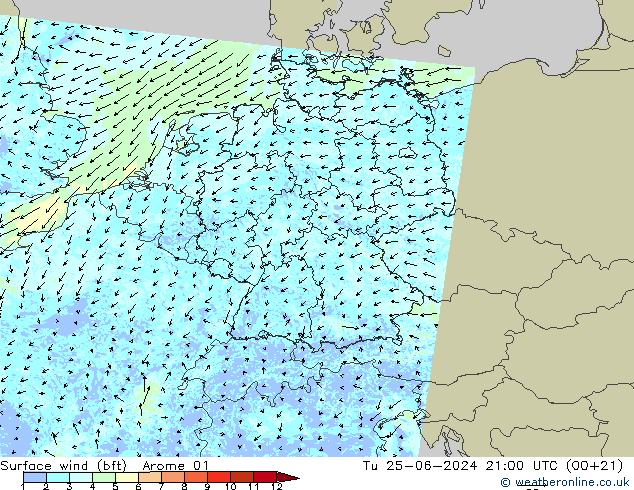 Surface wind (bft) Arome 01 Út 25.06.2024 21 UTC