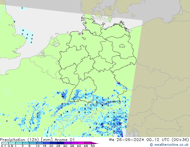 Precipitazione (12h) Arome 01 mer 26.06.2024 12 UTC