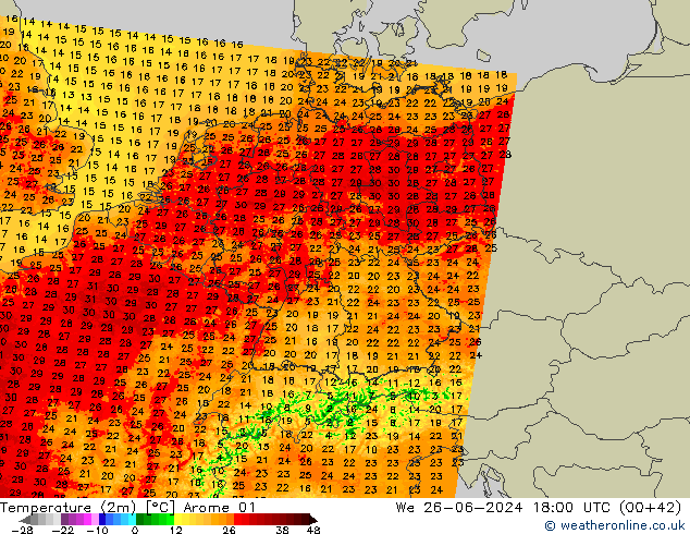 Sıcaklık Haritası (2m) Arome 01 Çar 26.06.2024 18 UTC