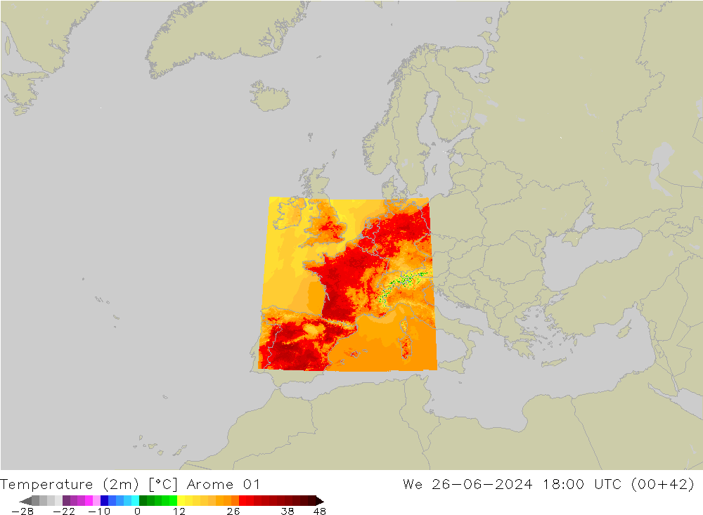 Temperatuurkaart (2m) Arome 01 wo 26.06.2024 18 UTC