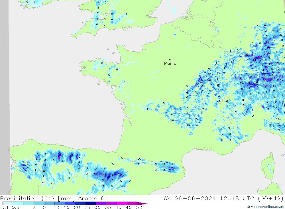 Precipitación (6h) Arome 01 mié 26.06.2024 18 UTC