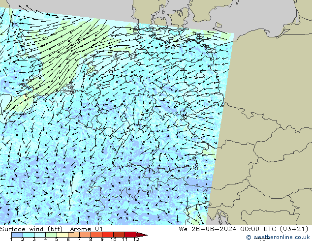 �N 10 米 (bft) Arome 01 星期三 26.06.2024 00 UTC