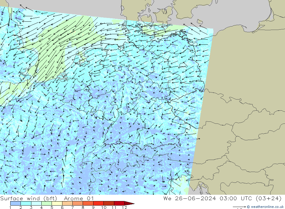 Surface wind (bft) Arome 01 We 26.06.2024 03 UTC