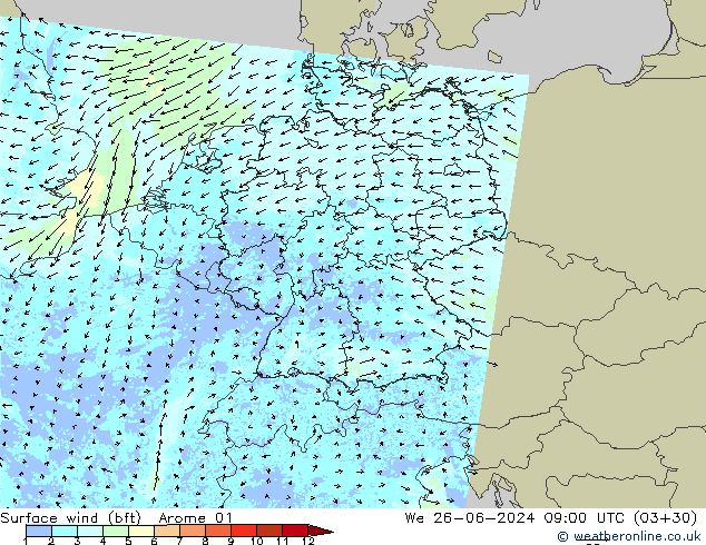 wiatr 10 m (bft) Arome 01 śro. 26.06.2024 09 UTC