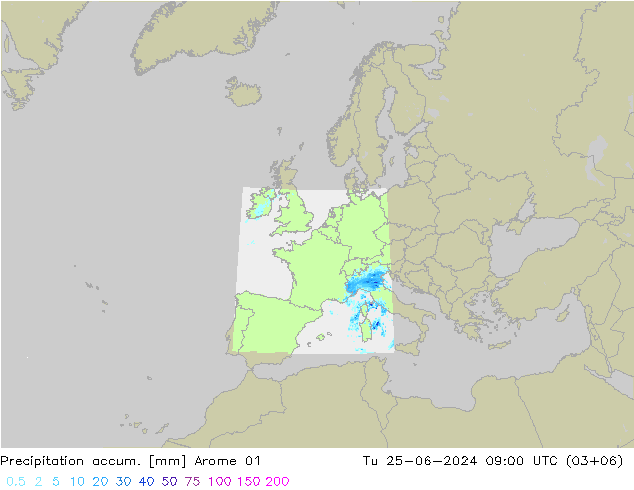 Precipitation accum. Arome 01 Út 25.06.2024 09 UTC