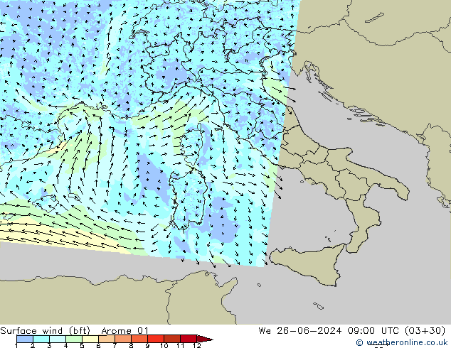 Surface wind (bft) Arome 01 We 26.06.2024 09 UTC