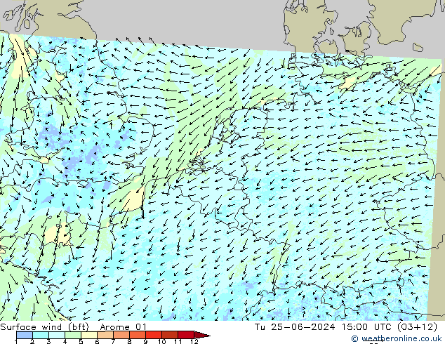 Wind 10 m (bft) Arome 01 di 25.06.2024 15 UTC