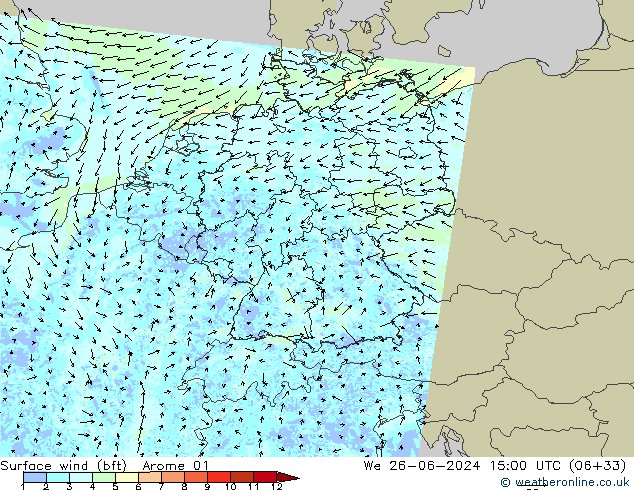 Wind 10 m (bft) Arome 01 wo 26.06.2024 15 UTC