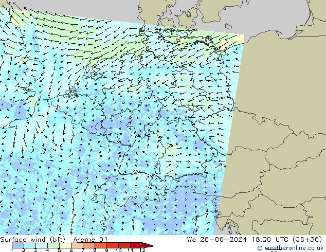 Surface wind (bft) Arome 01 St 26.06.2024 18 UTC