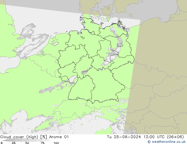 Cloud cover (high) Arome 01 Tu 25.06.2024 12 UTC