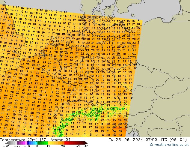 Temperaturkarte (2m) Arome 01 Di 25.06.2024 07 UTC