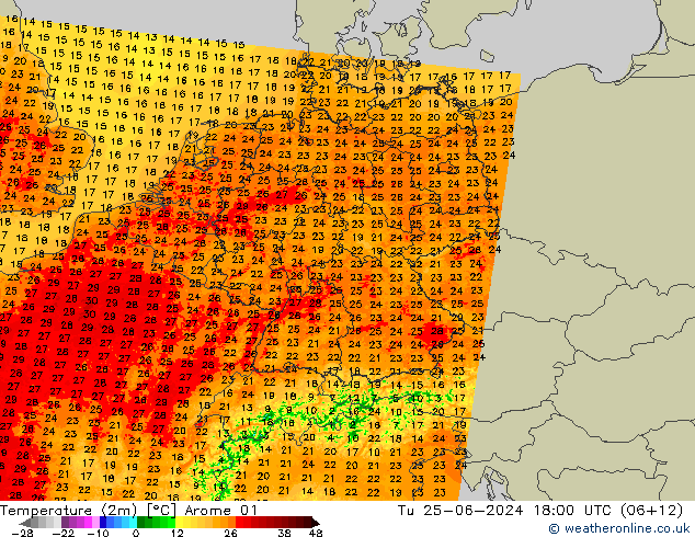Sıcaklık Haritası (2m) Arome 01 Sa 25.06.2024 18 UTC