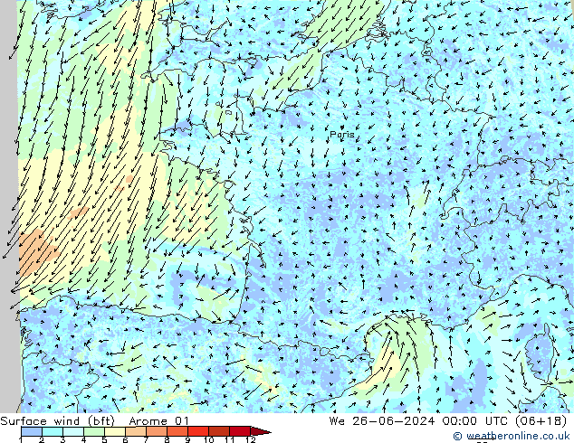 Viento 10 m (bft) Arome 01 mié 26.06.2024 00 UTC