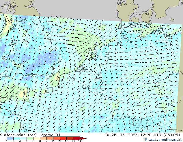 Surface wind (bft) Arome 01 Tu 25.06.2024 12 UTC