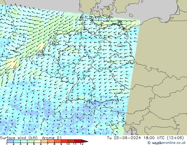 Bodenwind (bft) Arome 01 Di 25.06.2024 18 UTC