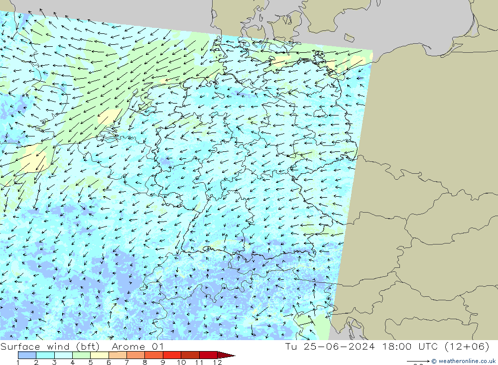 Surface wind (bft) Arome 01 Tu 25.06.2024 18 UTC