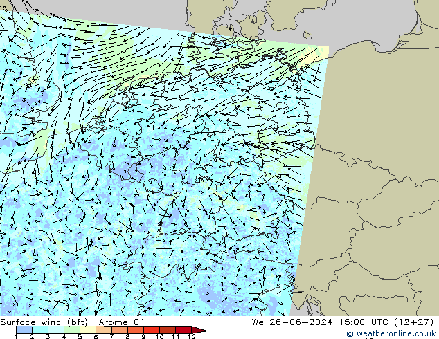 Wind 10 m (bft) Arome 01 wo 26.06.2024 15 UTC