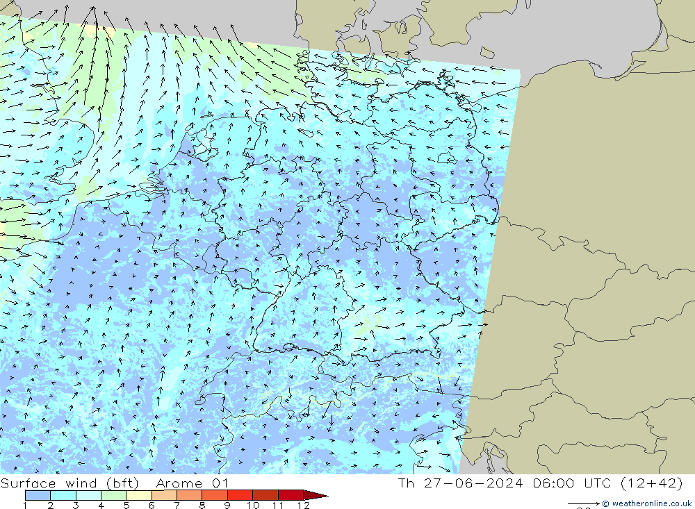 Surface wind (bft) Arome 01 Th 27.06.2024 06 UTC