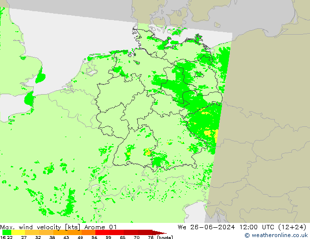 Max. wind velocity Arome 01 We 26.06.2024 12 UTC