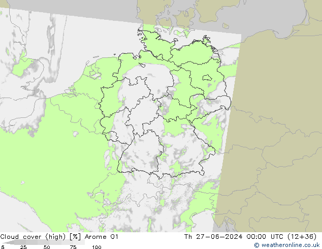 Cloud cover (high) Arome 01 Th 27.06.2024 00 UTC