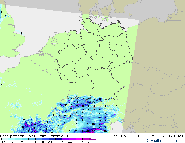 降水量 (6h) Arome 01 星期二 25.06.2024 18 UTC