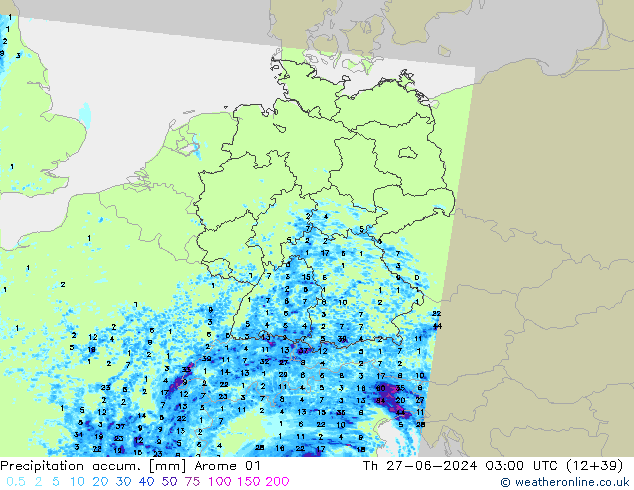 Precipitation accum. Arome 01 Th 27.06.2024 03 UTC