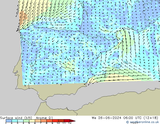 Vento 10 m (bft) Arome 01 mer 26.06.2024 06 UTC