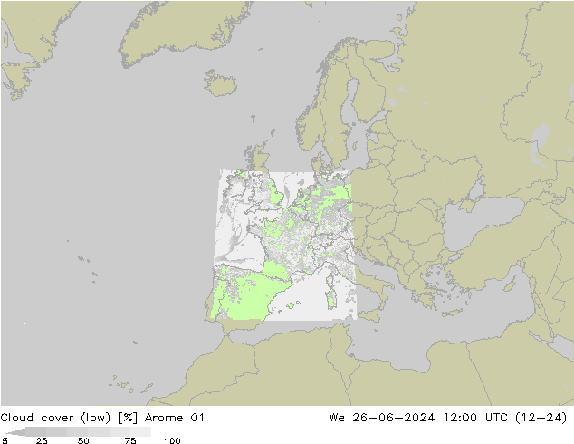 Cloud cover (low) Arome 01 We 26.06.2024 12 UTC