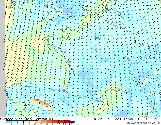 Surface wind (bft) Arome 01 Tu 25.06.2024 15 UTC