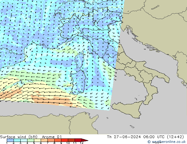 Vento 10 m (bft) Arome 01 Qui 27.06.2024 06 UTC