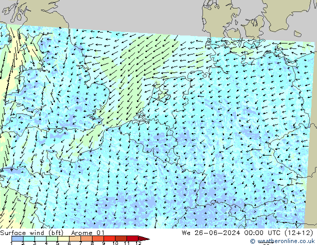 Bodenwind (bft) Arome 01 Mi 26.06.2024 00 UTC