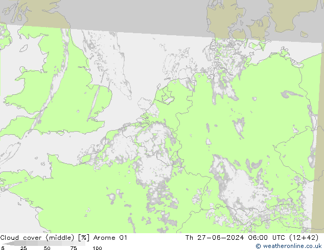 Cloud cover (middle) Arome 01 Th 27.06.2024 06 UTC