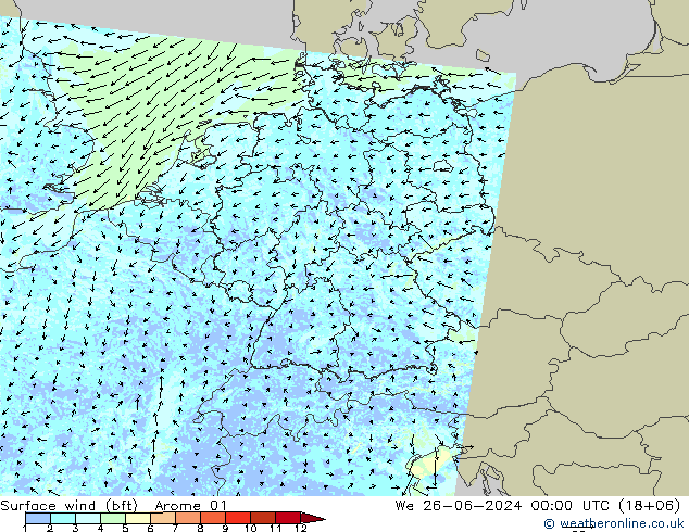  10 m (bft) Arome 01  26.06.2024 00 UTC