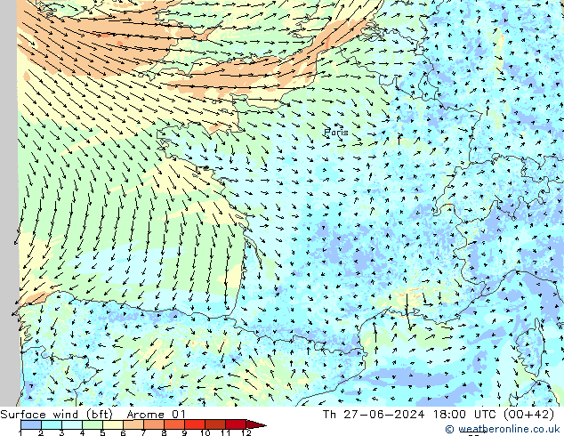Wind 10 m (bft) Arome 01 do 27.06.2024 18 UTC