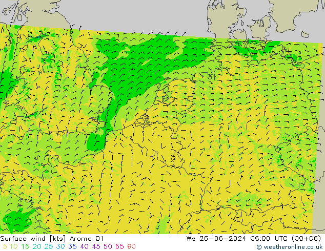 风 10 米 Arome 01 星期三 26.06.2024 06 UTC