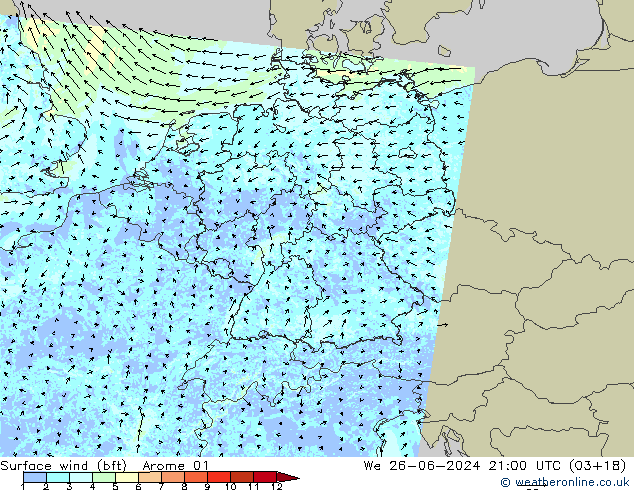 Wind 10 m (bft) Arome 01 wo 26.06.2024 21 UTC