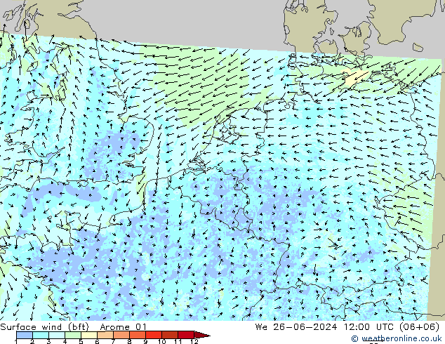Surface wind (bft) Arome 01 We 26.06.2024 12 UTC