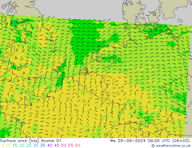 风 10 米 Arome 01 星期三 26.06.2024 09 UTC