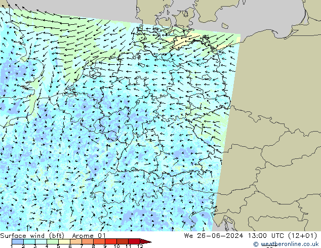 Wind 10 m (bft) Arome 01 wo 26.06.2024 13 UTC