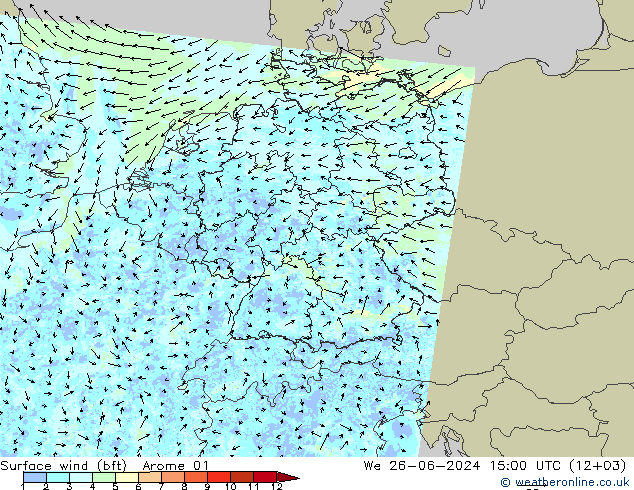 Wind 10 m (bft) Arome 01 wo 26.06.2024 15 UTC