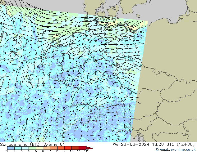 Wind 10 m (bft) Arome 01 wo 26.06.2024 18 UTC
