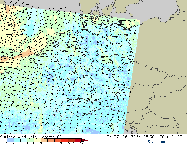 Wind 10 m (bft) Arome 01 do 27.06.2024 15 UTC