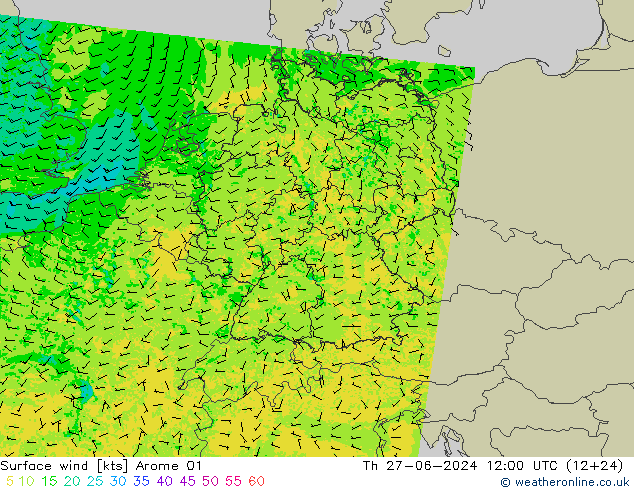 风 10 米 Arome 01 星期四 27.06.2024 12 UTC