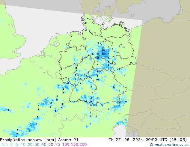 Precipitation accum. Arome 01 星期四 27.06.2024 00 UTC