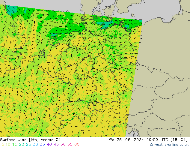 风 10 米 Arome 01 星期三 26.06.2024 19 UTC