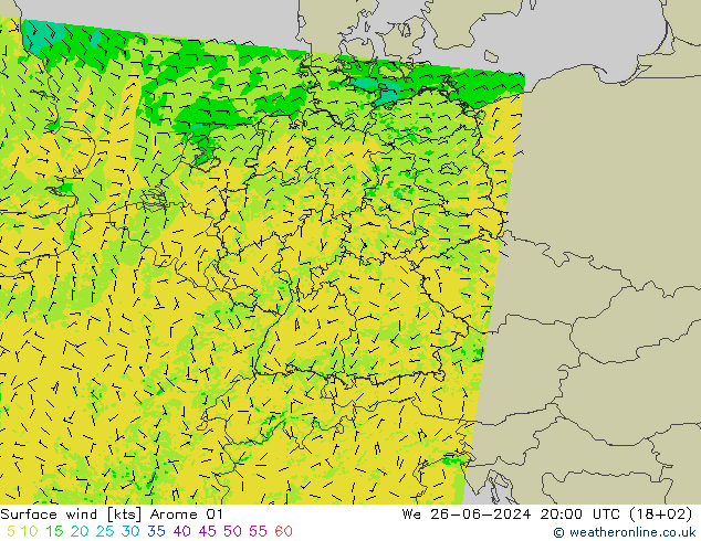 风 10 米 Arome 01 星期三 26.06.2024 20 UTC