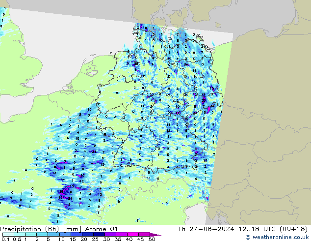 Totale neerslag (6h) Arome 01 do 27.06.2024 18 UTC