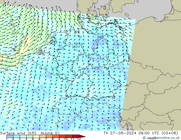 Wind 10 m (bft) Arome 01 do 27.06.2024 09 UTC