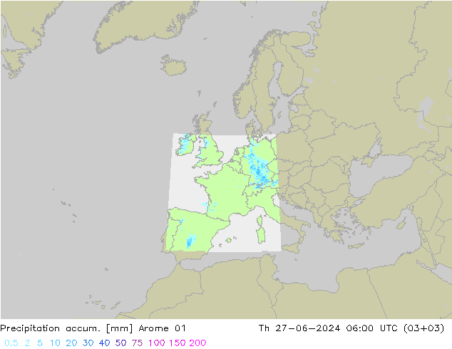 Totale neerslag Arome 01 do 27.06.2024 06 UTC